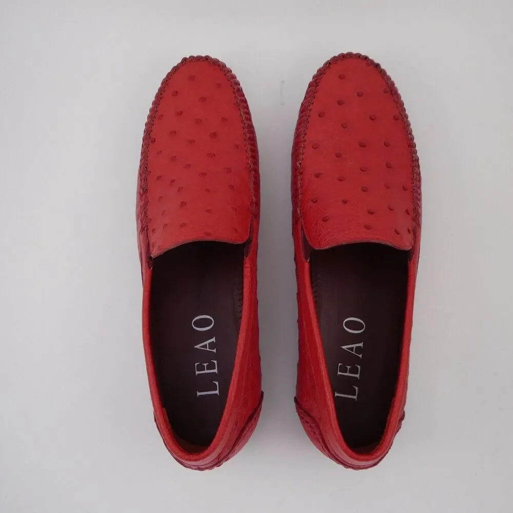 Men’s Red Genuine Ostrich Leather Driving Loafers Moccasins 250 mm / US 7 / EU40